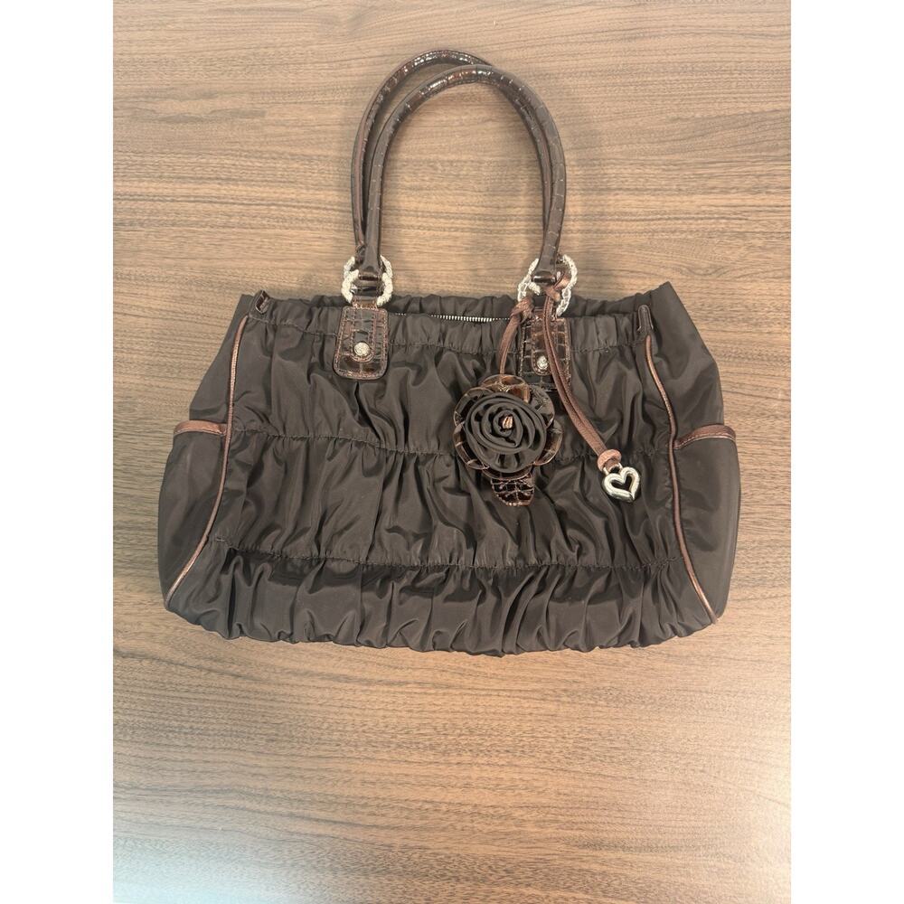 BRIGHTON Purse Camille‎ Black Nylon Ruched Shoulder Bag w/Rosette & Snakeskin